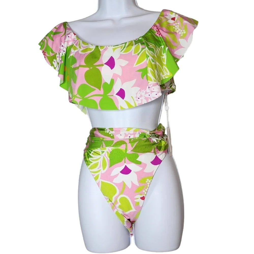 NWT Trina‎ Turk Bikini Set La Palma Highwaist Bottoms Off Shoulder Top Size 12